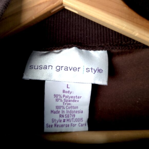 Susan Graver Sweatshirt Shirt XL Brown Velour Tiger Cat Animal Print Full Zip Up - Picture 3 of 12